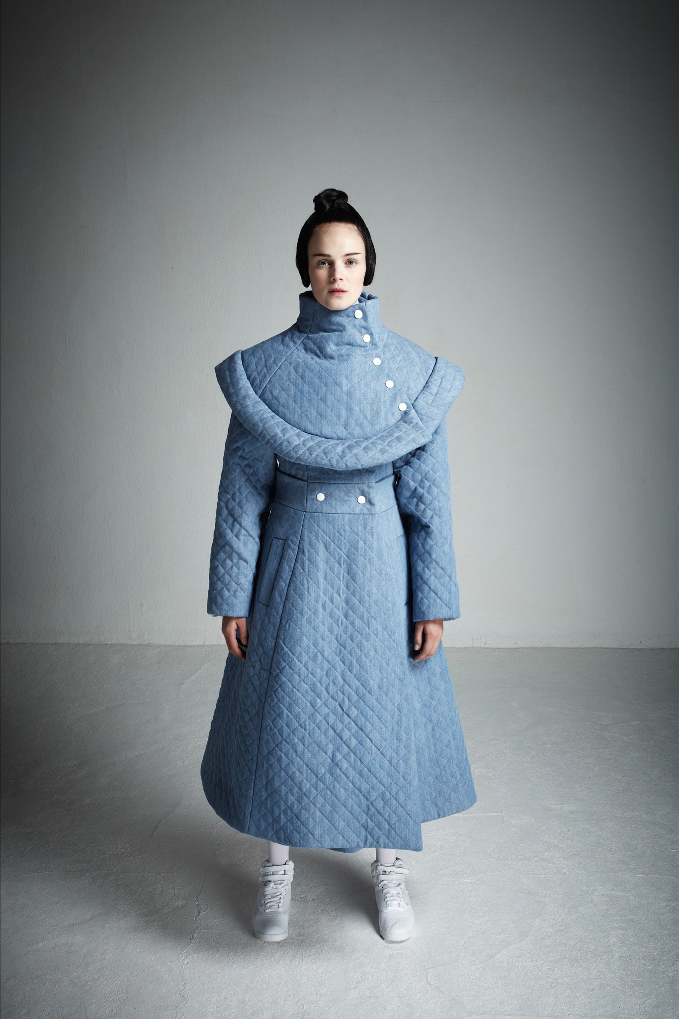 blue quilted fitted coat