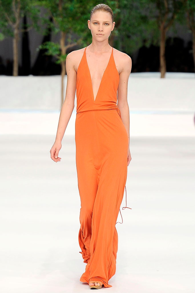 orange silk sleeveless gown