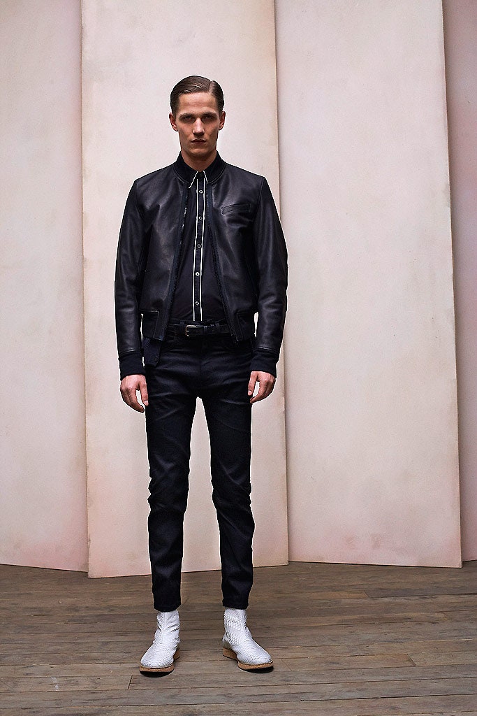 black leather jacket with slim pants