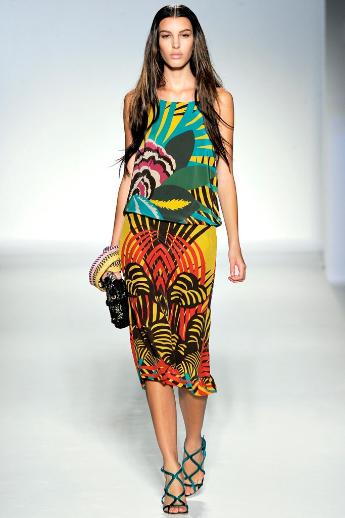 multi-colored printed top and midi skirt