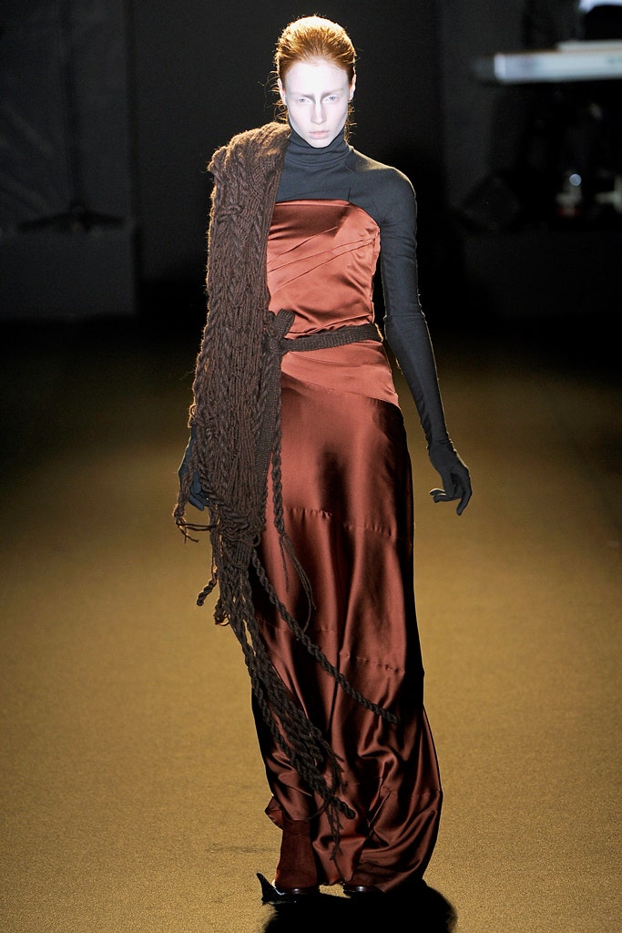 brown silk fitted gown with black scarf