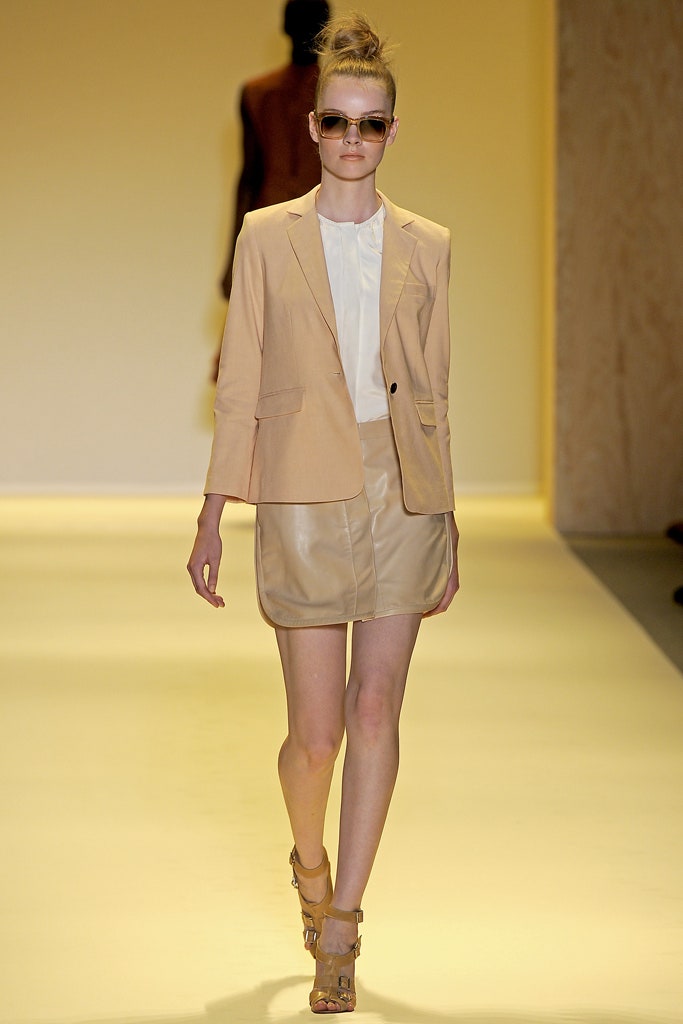 beige tailored blazer and pencil skirt