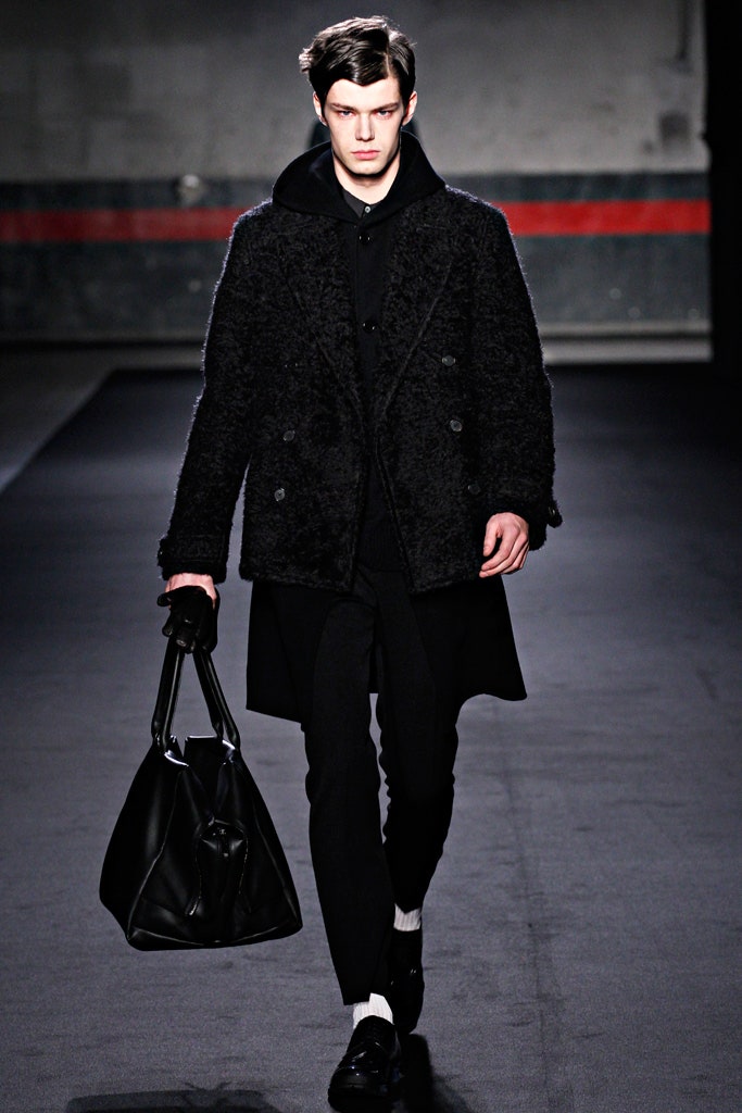 black wool long-sleeve double-breasted fitted textured coat