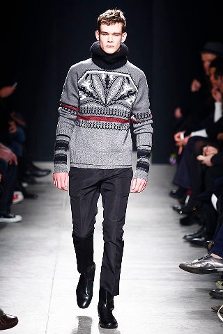 gray wool long-sleeve high-neck fitted printed sweater