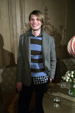 gray tailored blazer with striped sweater