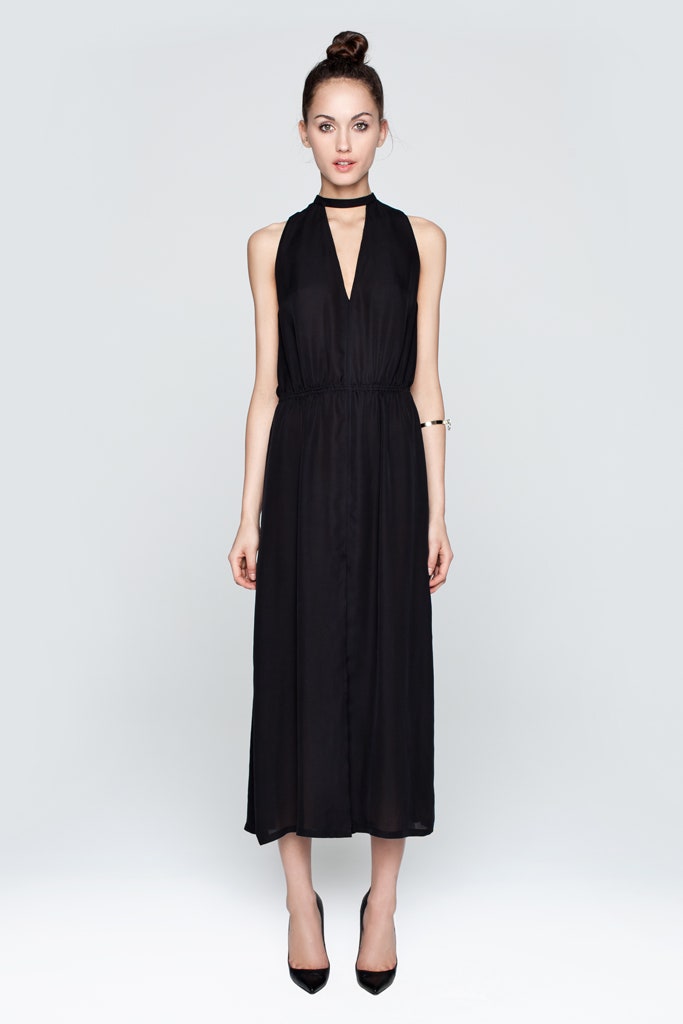 black silk sleeveless midi dress