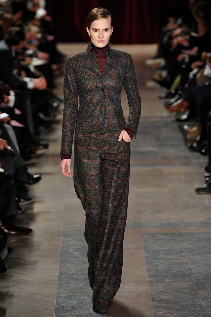 brown gray checked suit with maroon top