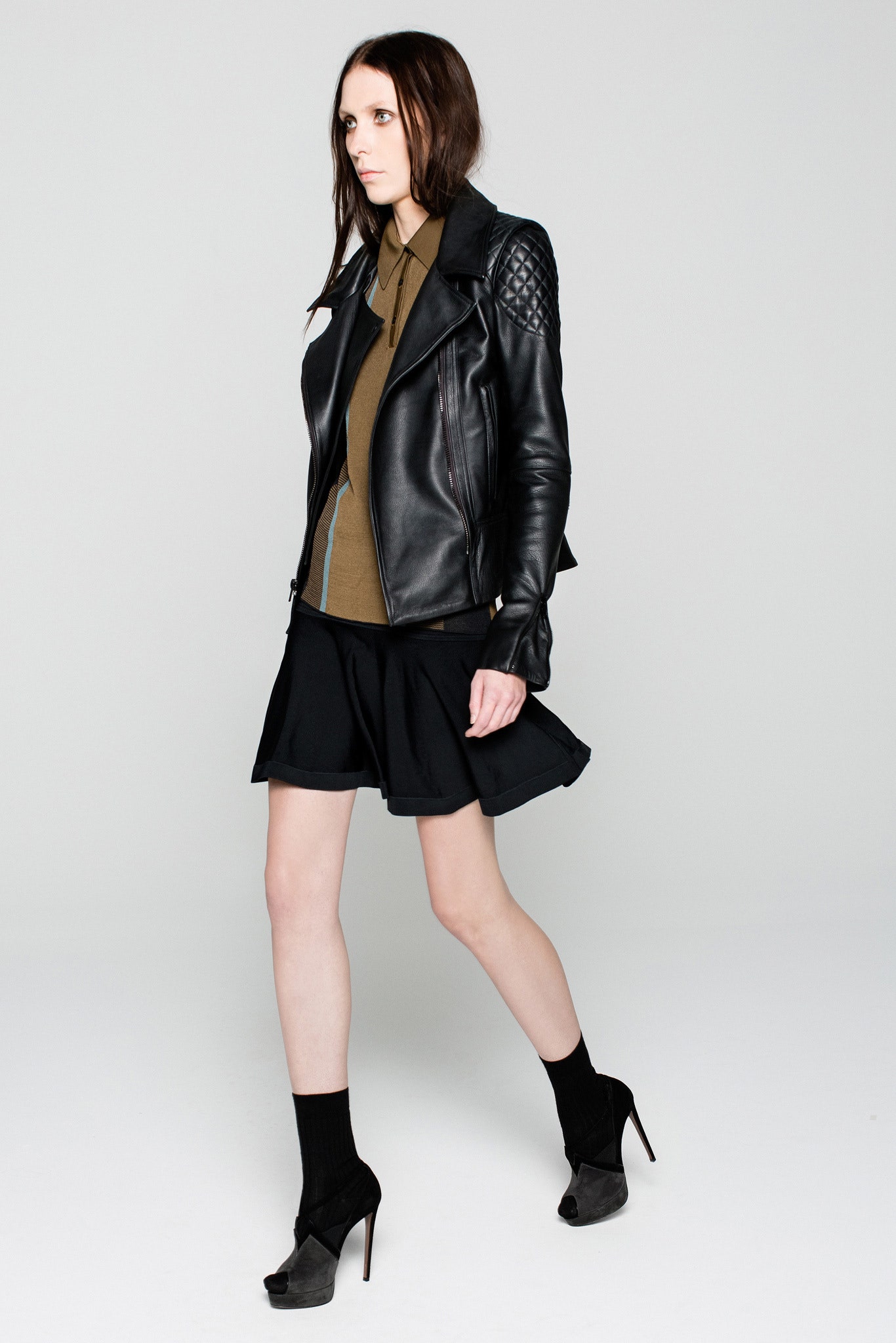 black cotton fitted flared mini skirt