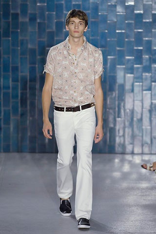 pink printed shirt with white pants