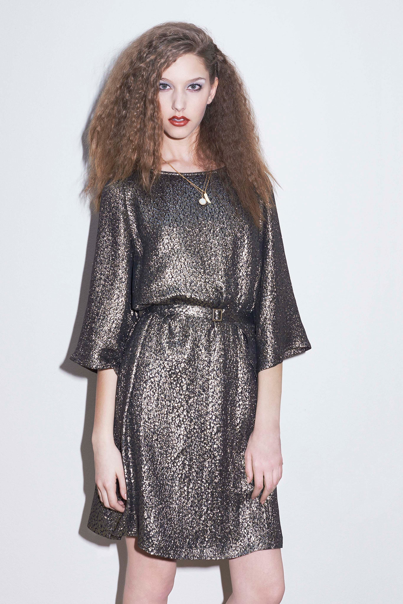 black and gold metallic belted dress