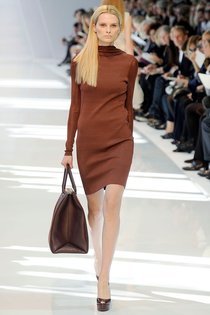 brown knit long-sleeve turtleneck fitted straight-leg mini dress