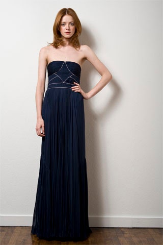 blue silk strapless gown