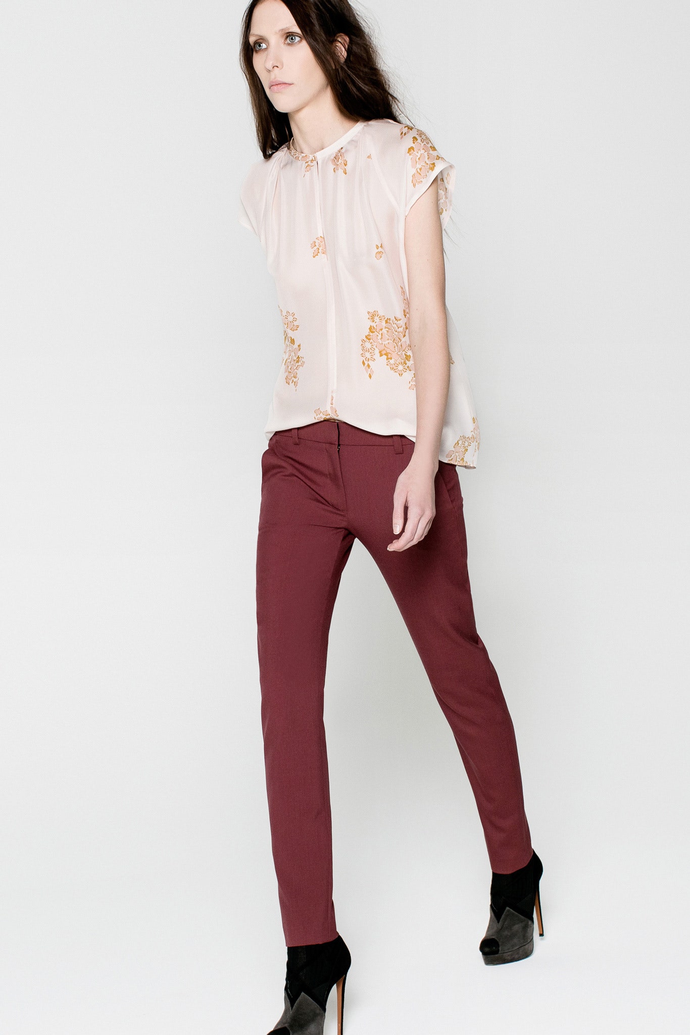 pink silk short-sleeve collared relaxed embroidered sheer top