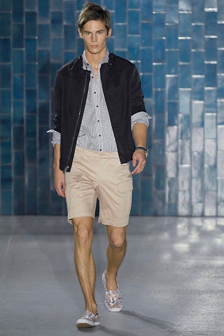 black fitted jacket with beige shorts