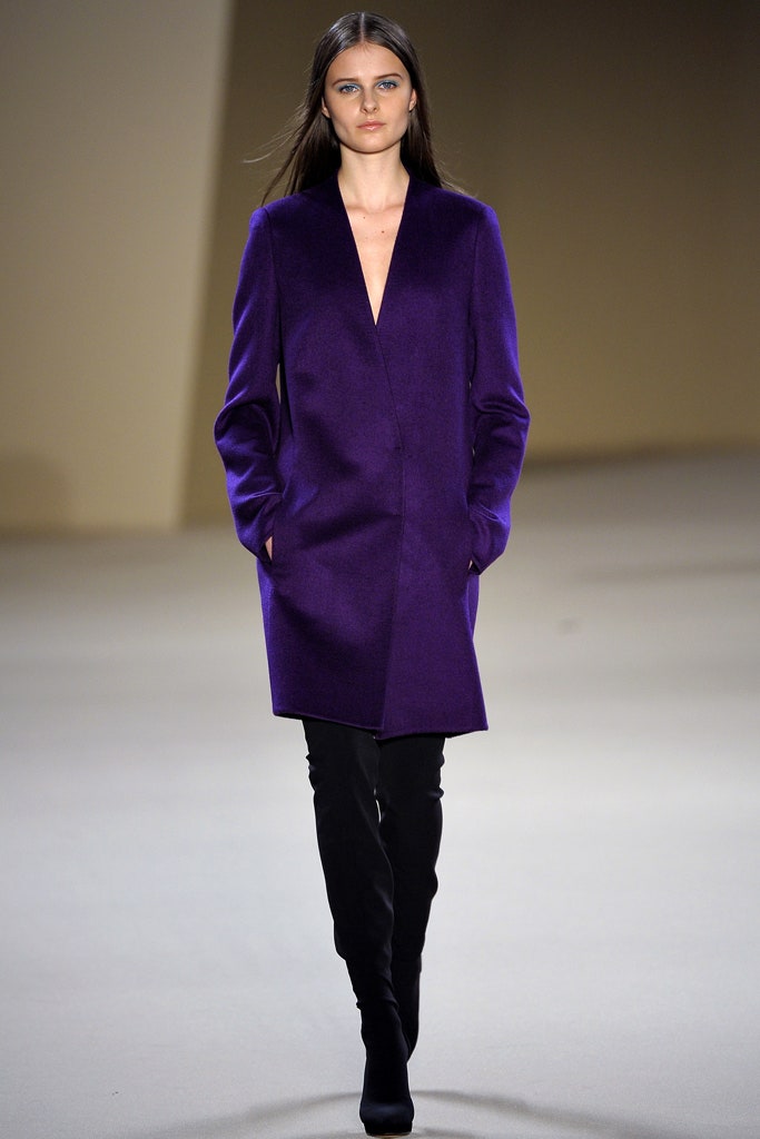 purple wool long-sleeve v-neck fitted straight-leg coat