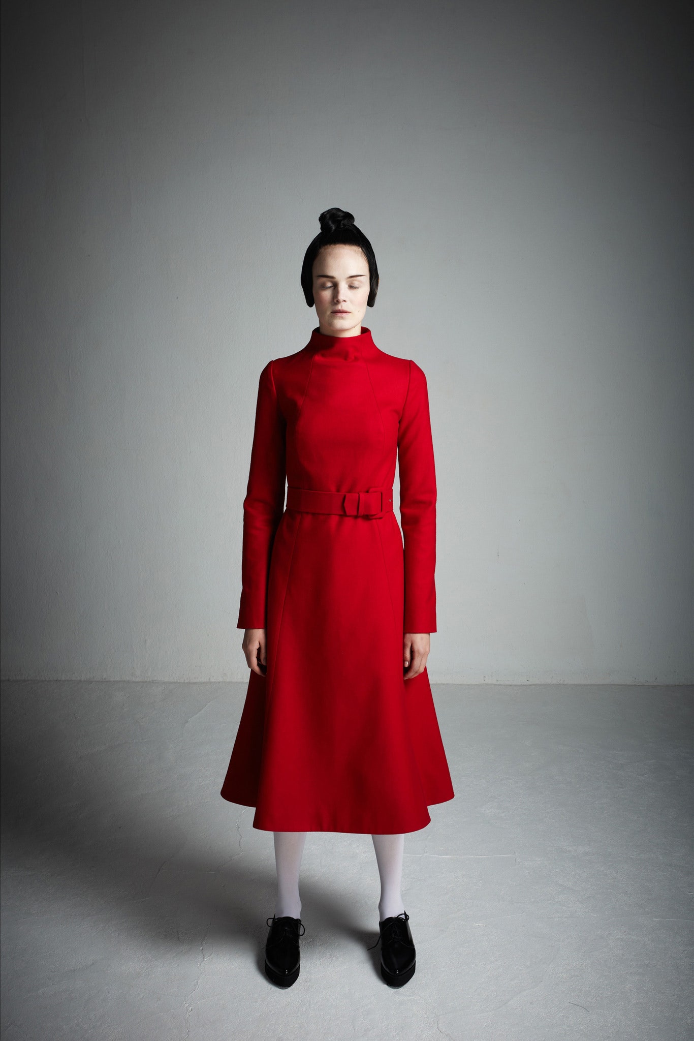 red belted long-sleeve dress
