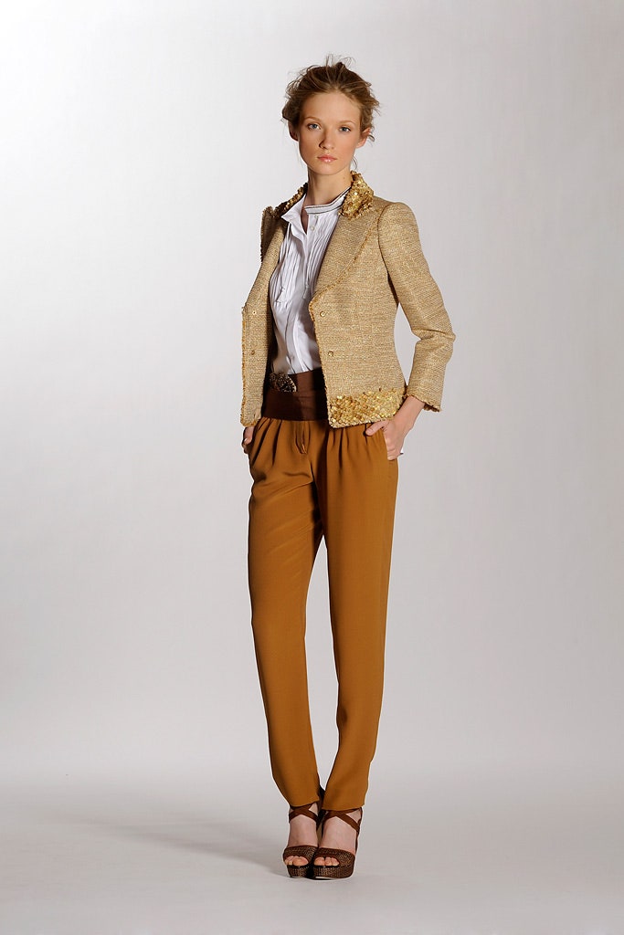 gold tailored blazer with brown pants