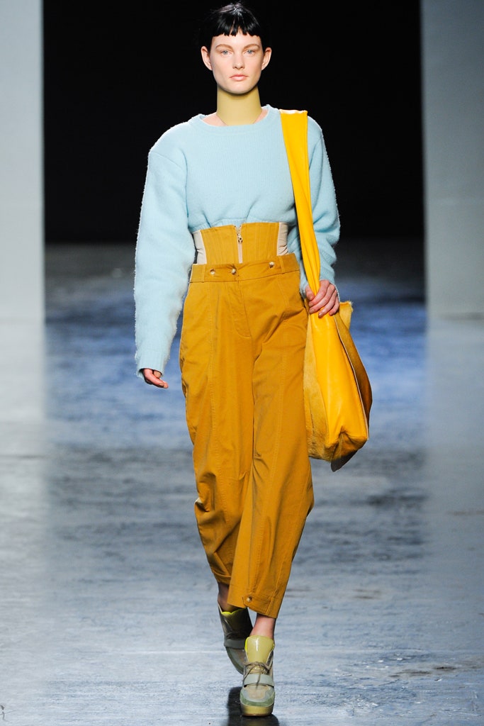 blue wool sweater with corset and yellow pants