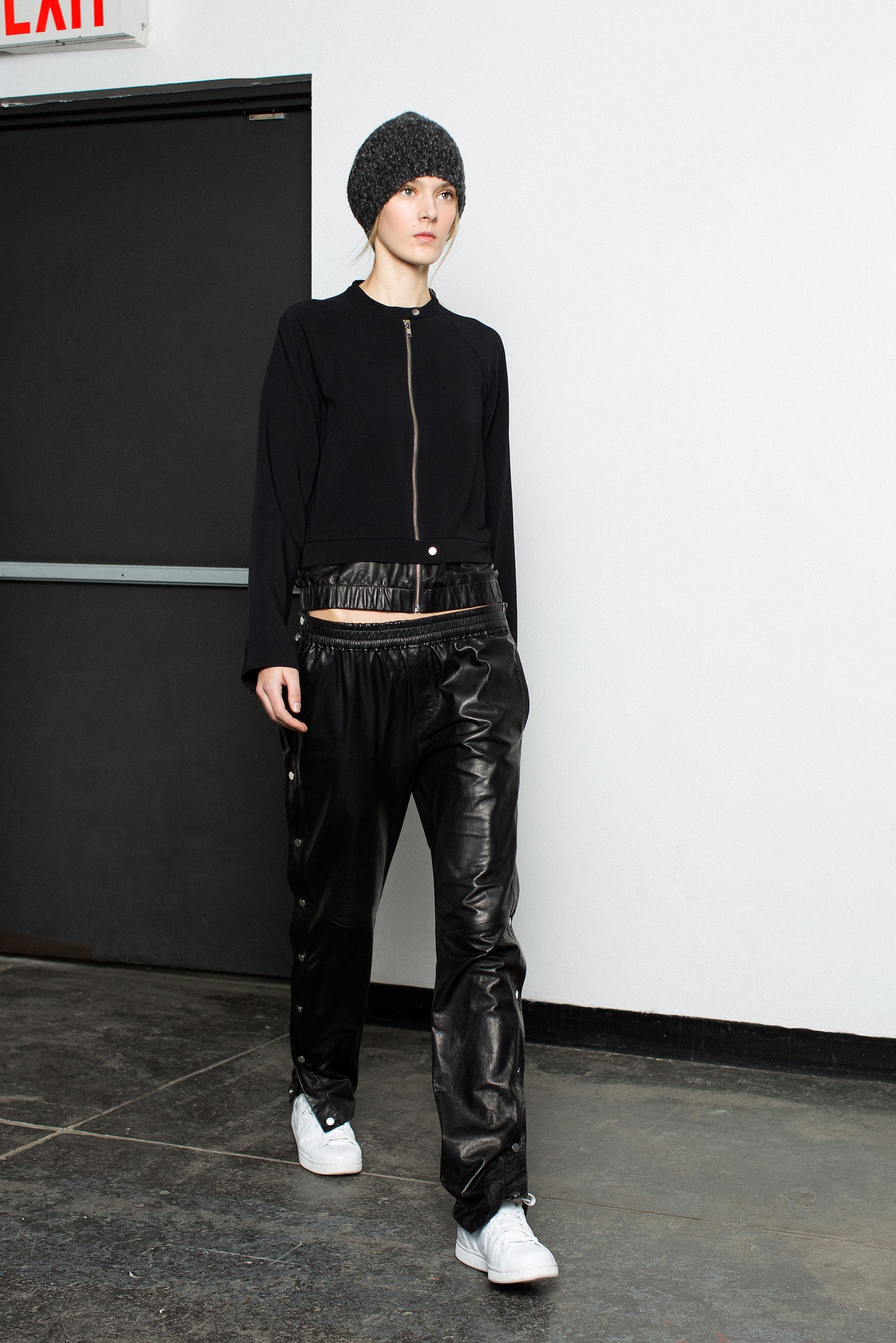 black fitted top with relaxed pants
