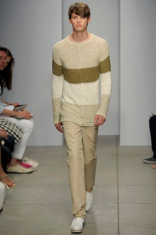 beige and green striped sweater with relaxed pants