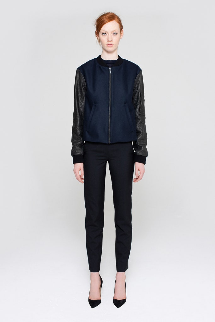 black and blue fitted jacket with slim pants