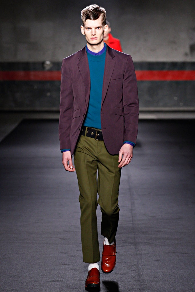 purple blazer blue shirt green pants