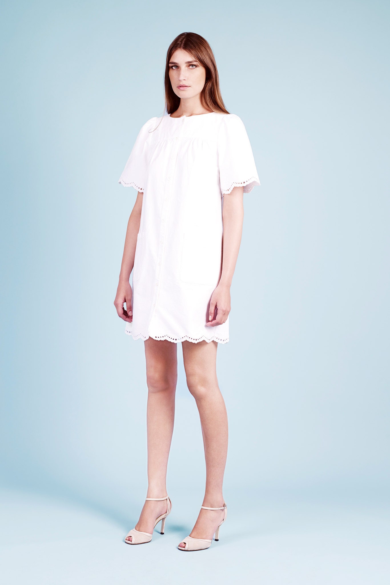 white cotton short-sleeve collared relaxed embroidered a-line dress