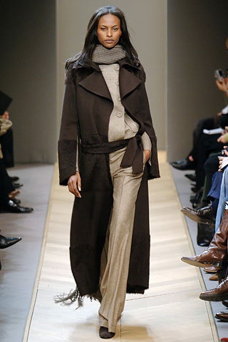 brown wool coat with beige pants