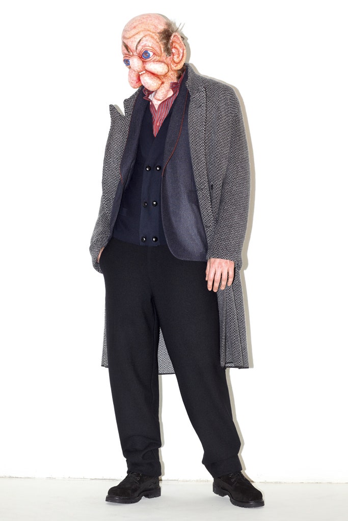 gray wool coat with blue vest