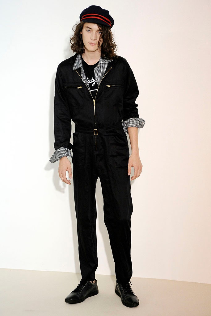 black fitted jumpsuit with hat