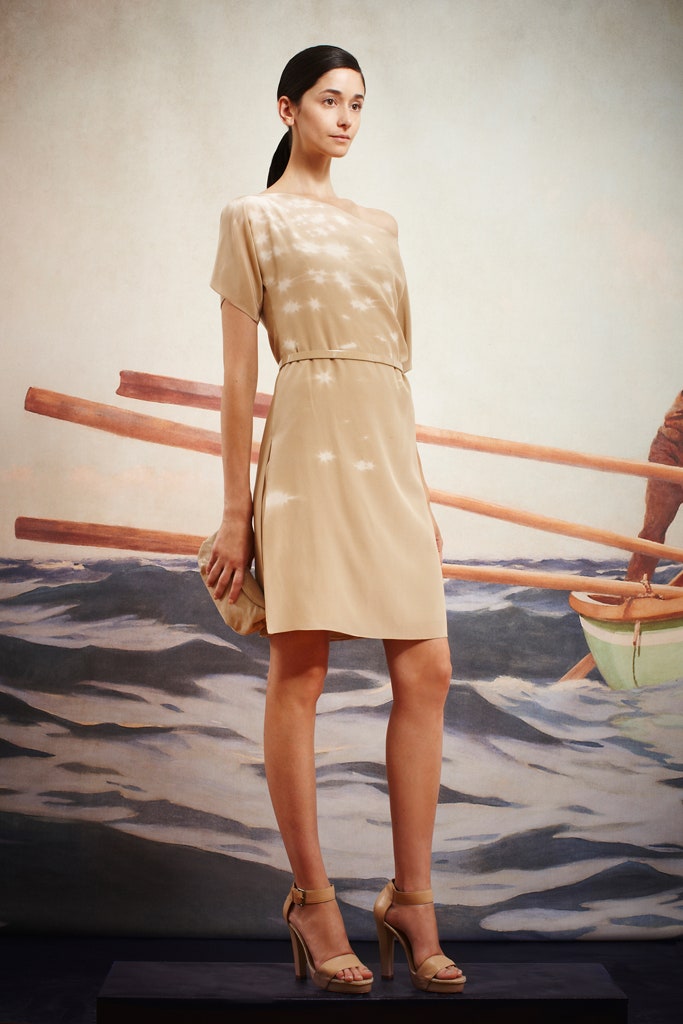 beige silk off-shoulder dress