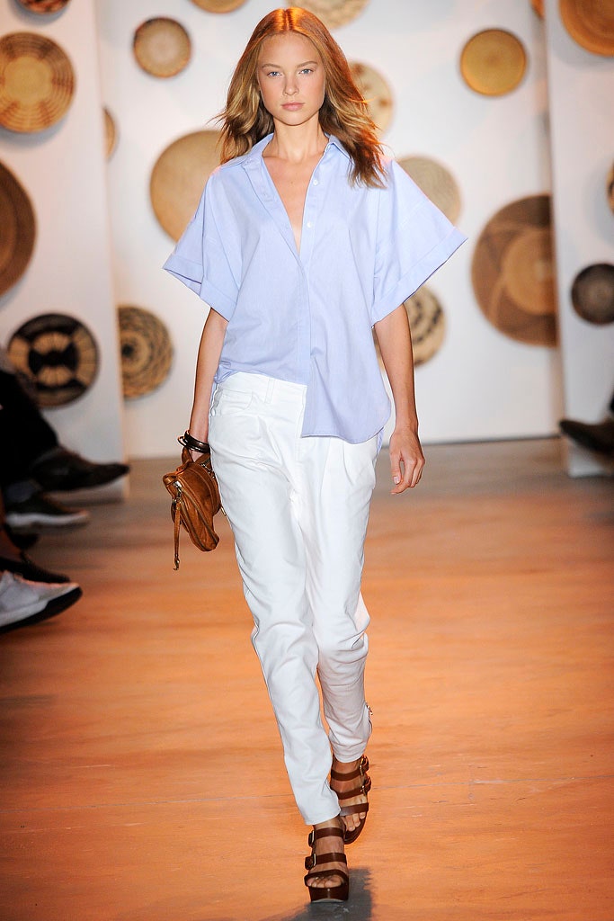 blue cotton shirt with white pants