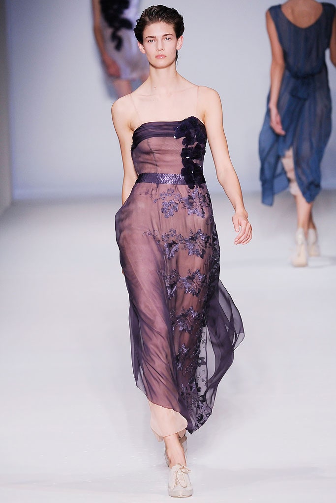 purple chiffon strapless gown
