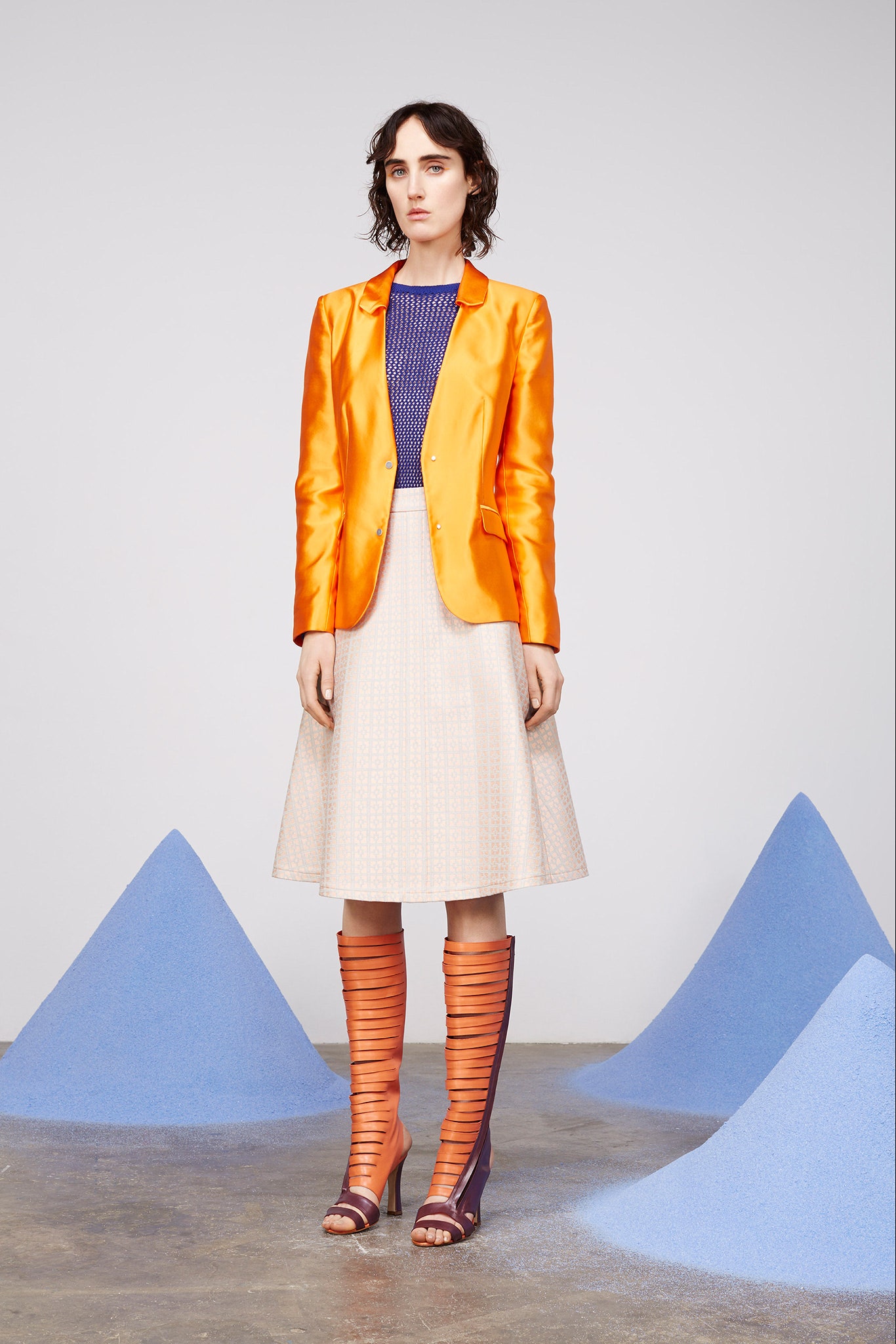 orange silk long-sleeve collared tailored buttoned shiny blazer