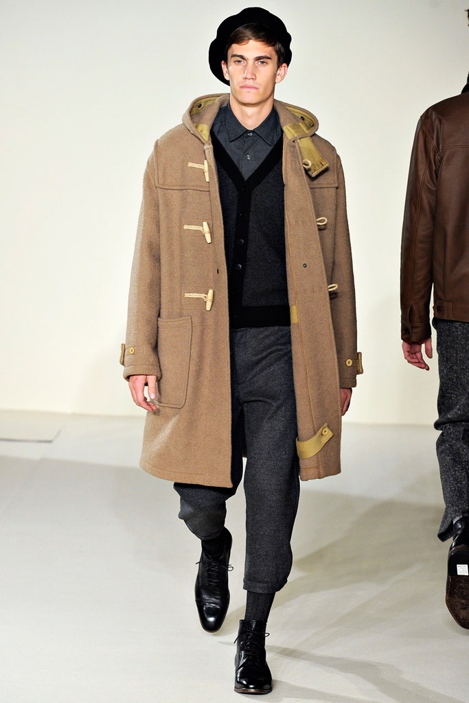 brown wool coat with gray shirt