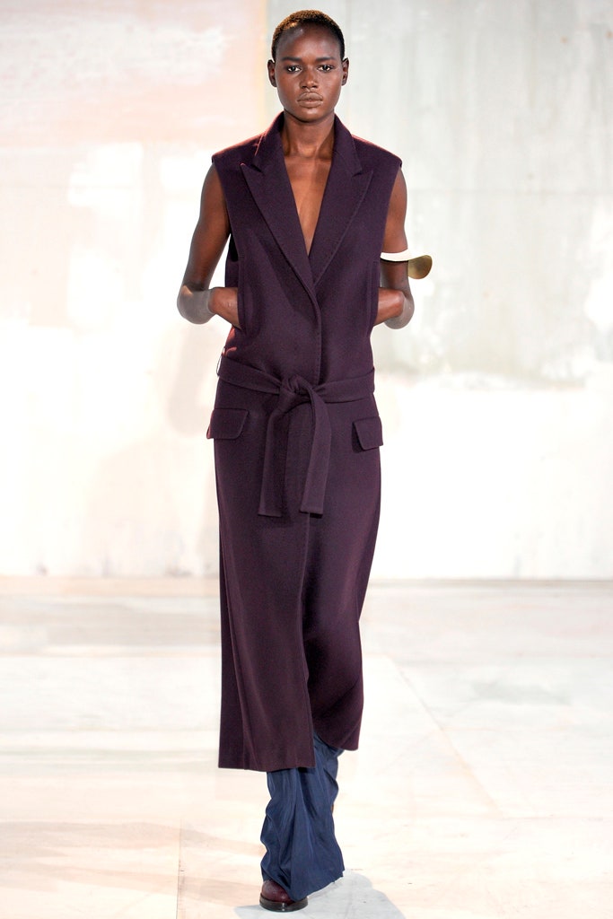 purple wool sleeveless dress with blue pants