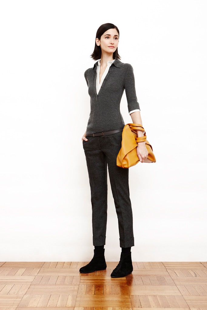 gray fitted top with black pants