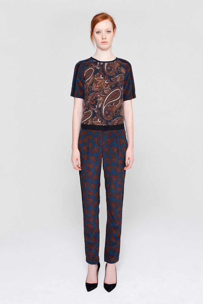 blue printed silk top with pants