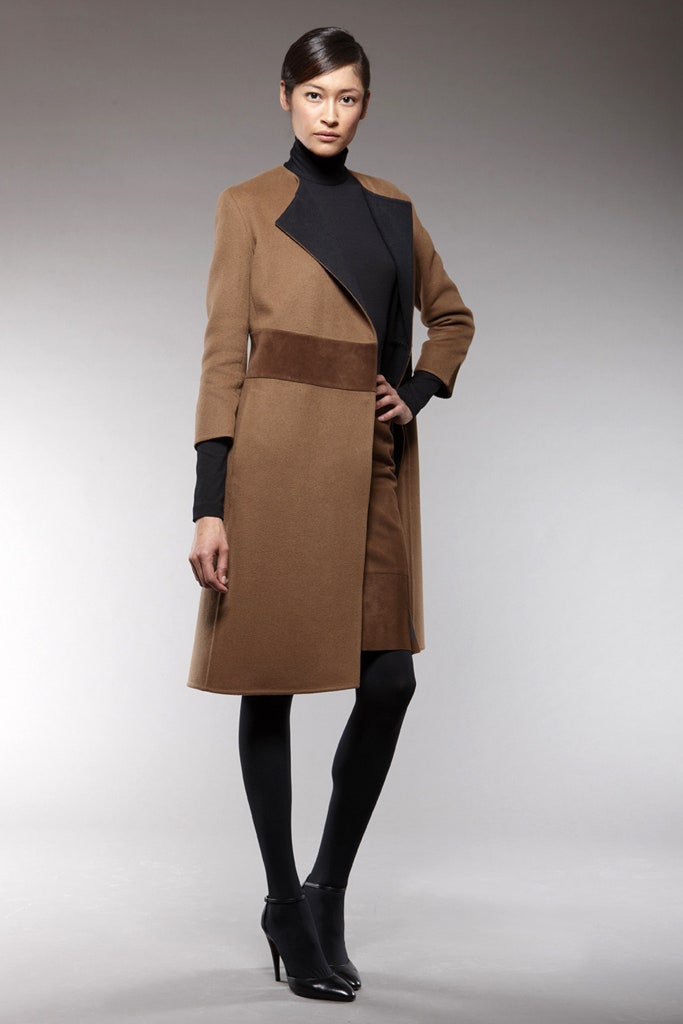brown wool long-sleeve collared fitted belted midi coat