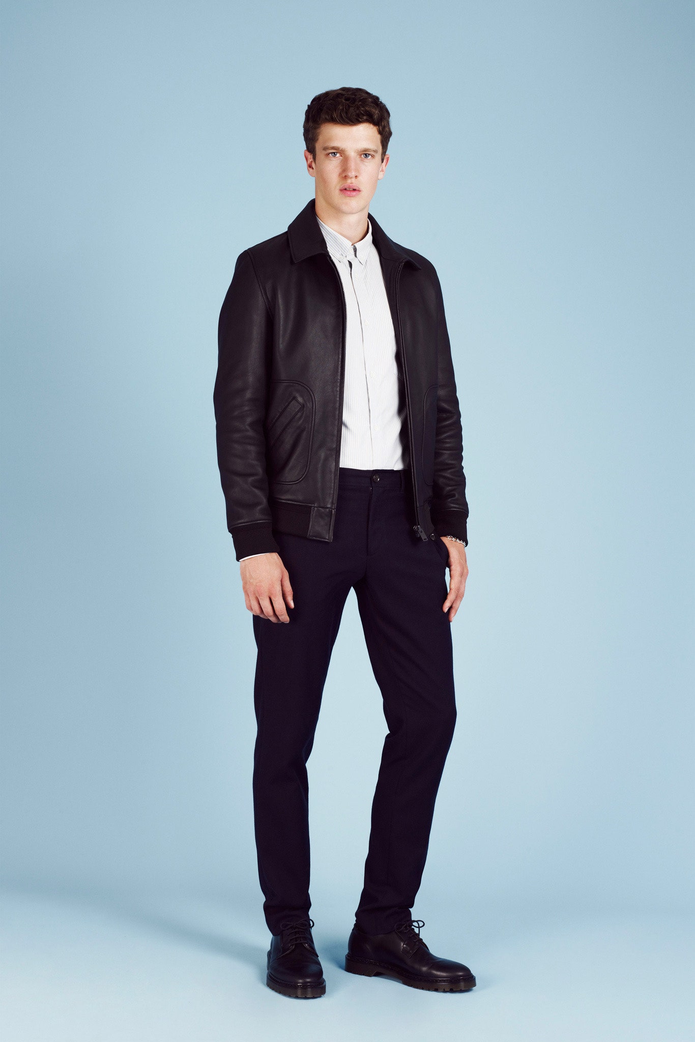 black leather jacket with white shirt