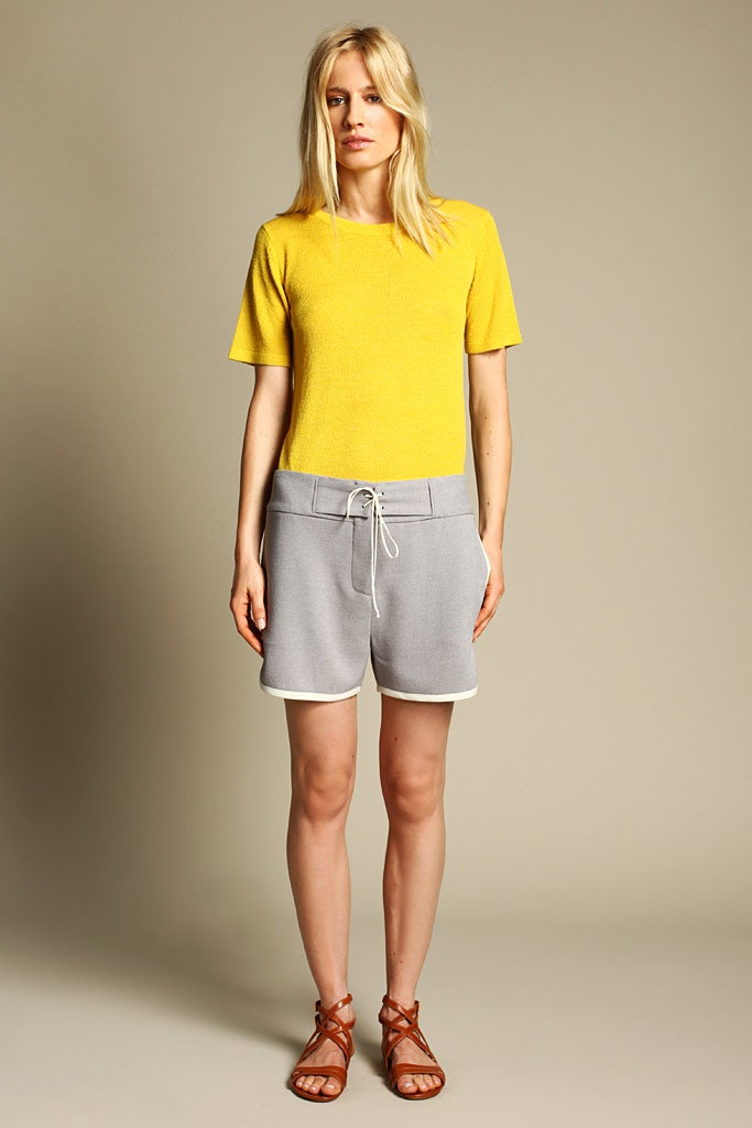 yellow relaxed top with gray shorts