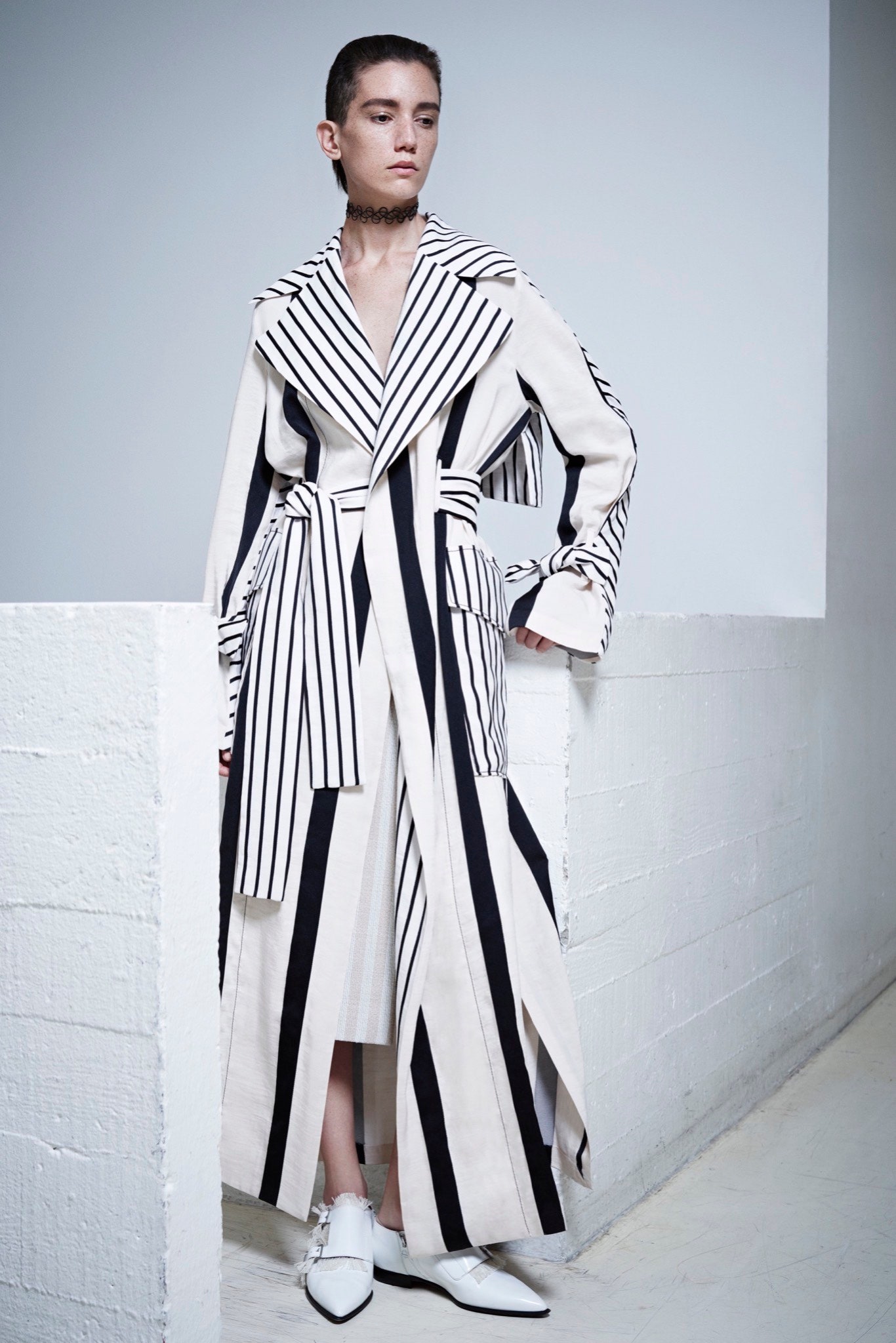 striped coat and white dress