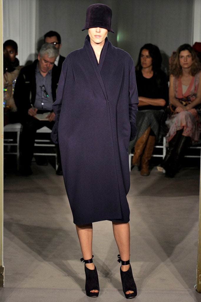 purple wool long-sleeve collared oversized draped midi coat