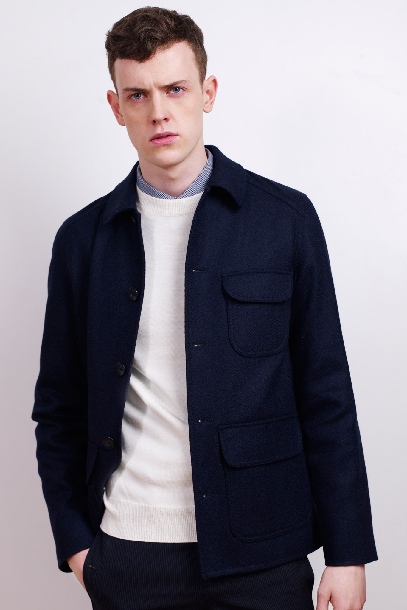 blue wool long-sleeve collared tailored buttoned pockets jacket