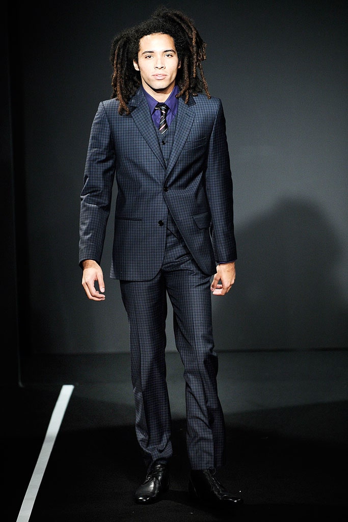 blue cotton long-sleeve collared tailored checked suit