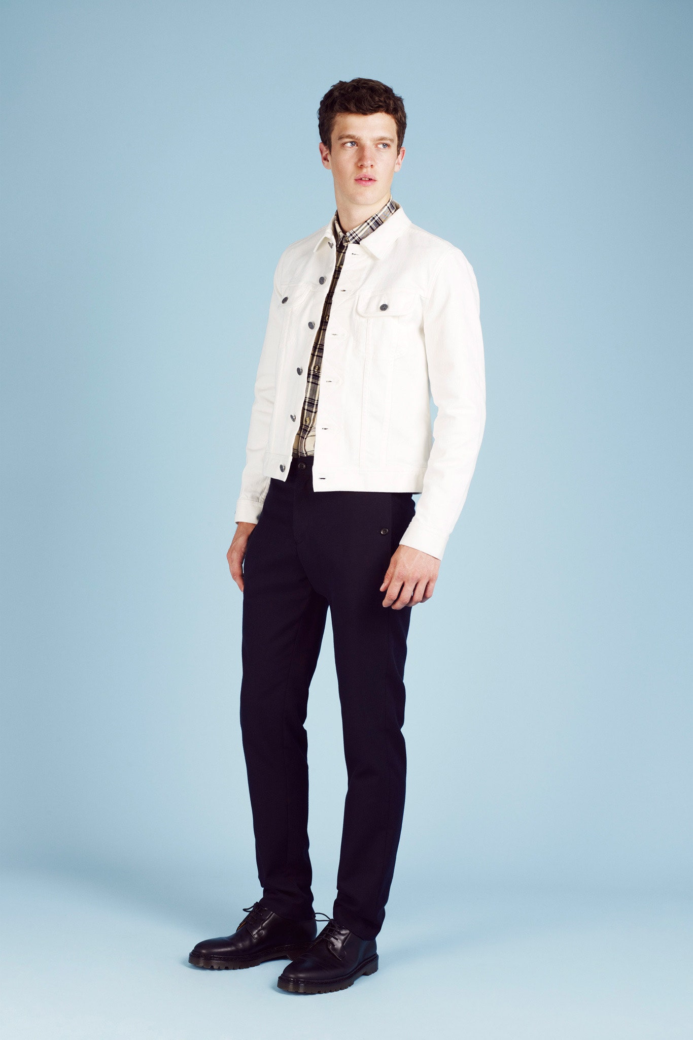 white denim jacket with checked shirt