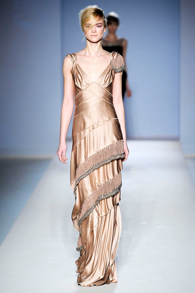 beige silk fitted gown