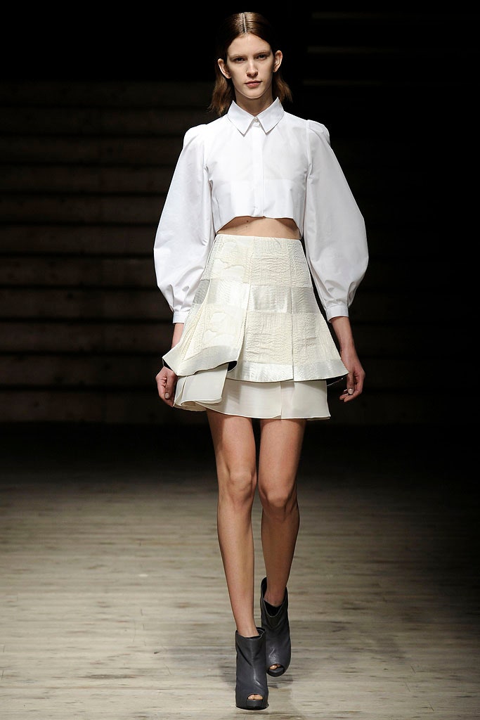 white cotton long-sleeve collared fitted pleated cropped top