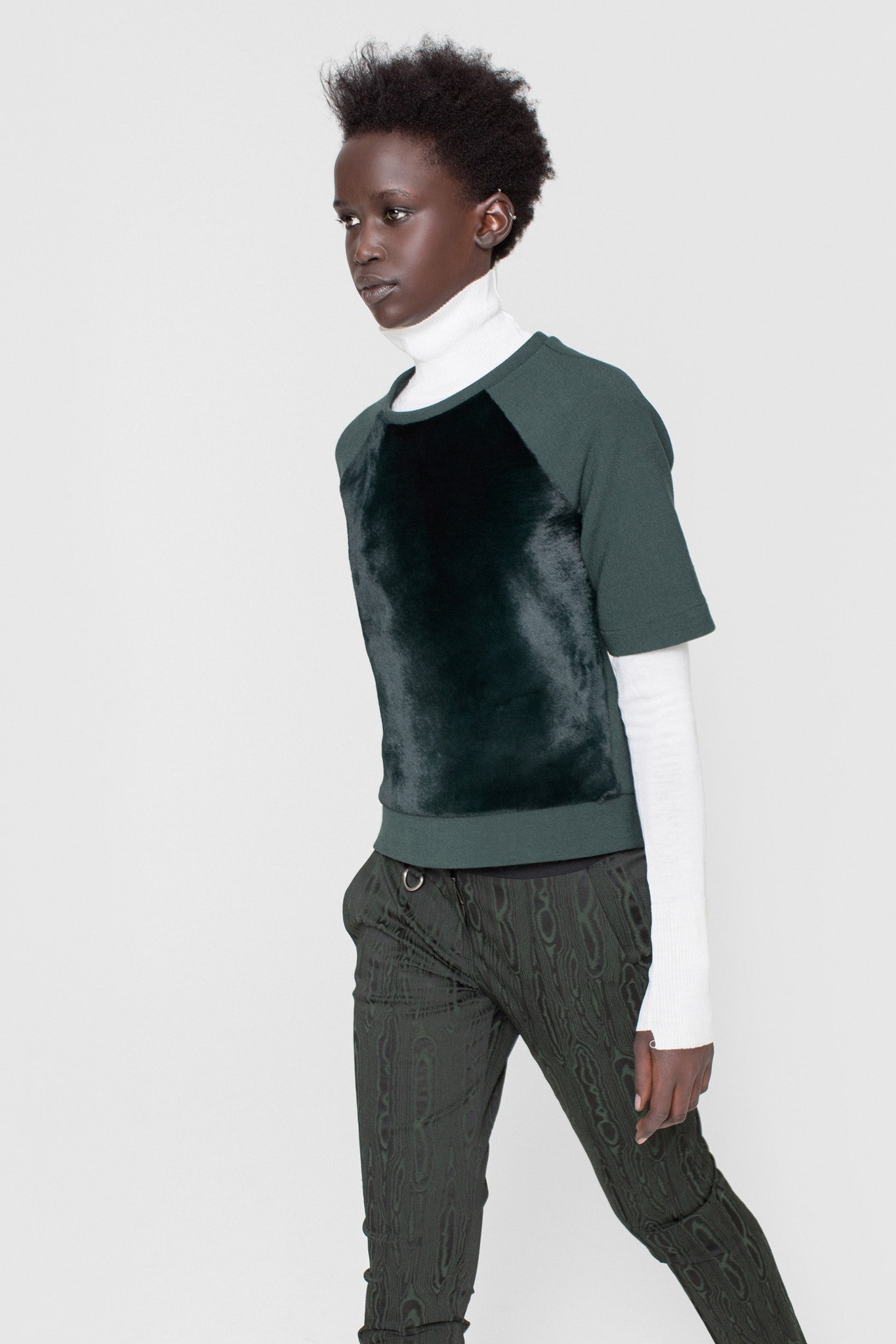 green velvet top and slim pants