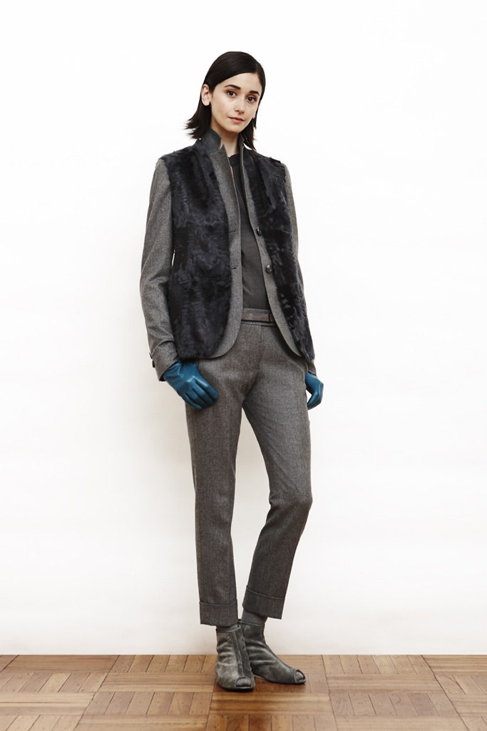 black faux-fur vest with gray blazer